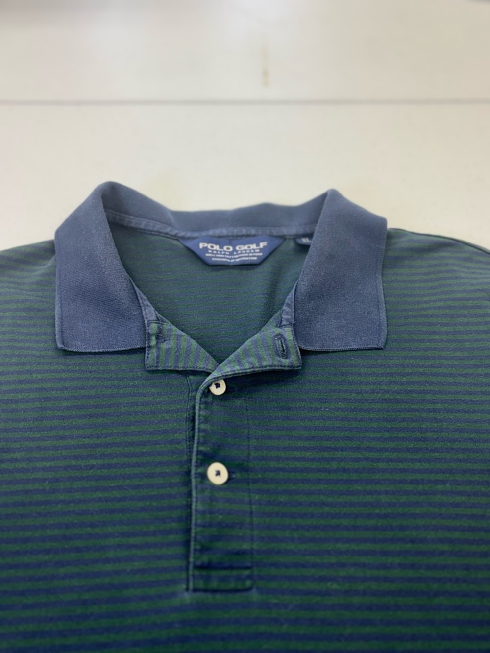 RALPH LAUREN POLO GOLF SHIRT MEN XL  GREEN & NAVY BLUE STRIPE COTTON